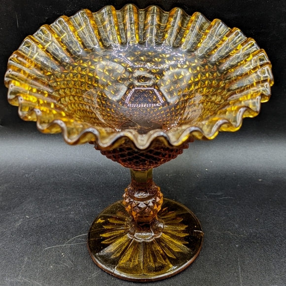 vintage Other - Vintage Amber Glass Pedestal Crimped Ruffle Diamond Point Compote Candy Dish